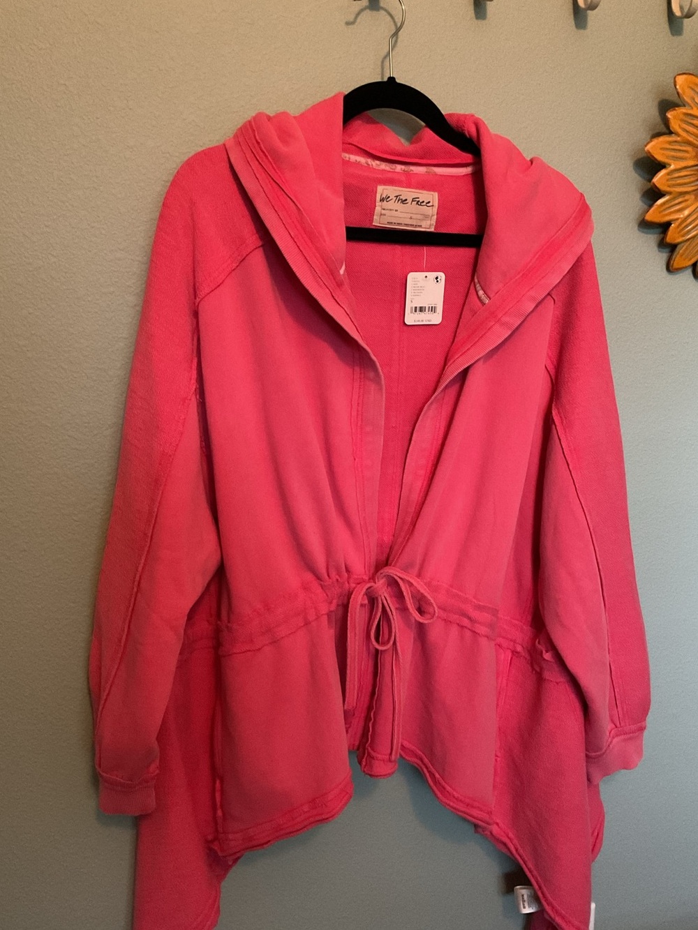 Free People SM Pink Open-Front Hooded Jacket with Drawstring